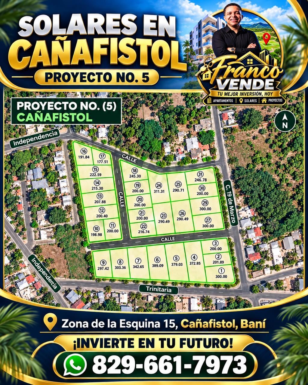 Proyecto No. 5 — Cañafistol: solares a rd$4,500 el m² en Zona de la Esquina 15, Cañafistol, Baní.